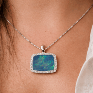 Black Opal Doublet & Diamond 14K Gold Halo Pendant Lightning Ridge